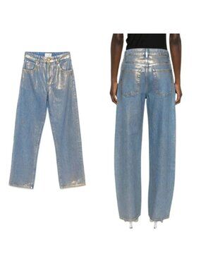 NEW Frame Lamé Effect Wide Leg Le Crop Mini Boot Jeans Blue Gold Size: 31